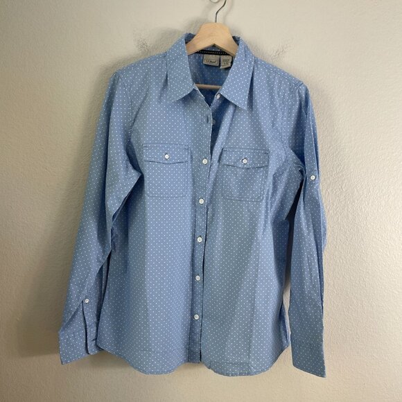 LL Bean Womens Medium Blue Polka Dot Button Up Shirt Roll Tab Sleeve Blouse Top - Picture 6 of 9